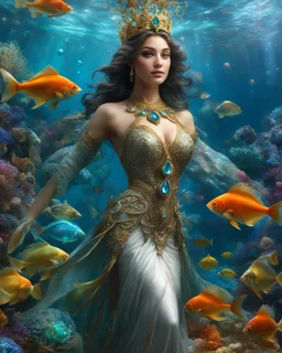 Fullbody excellent pose gorgeous photography art realistic,cinematic realistic colors,soft blur ,natural beauty, of young woman, smiling, beautiful, shiny grey eyes, make up,Queen Persian style, shiny baubles, ornate, large gemstones, shiny molten metalics, shiny wire filigree, brown hair, high definition, Walk in underwater scene teeming with colorful fish nemo, many full fishes swim, and gentle sea turtle