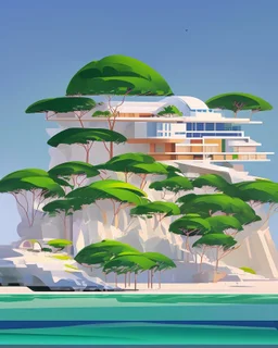 Architectural illustration of a captivating masterpiece of modern minimalist architecture, neo-futurist style. The scene shows a luxury house or resort on a cliff by the sea. Trees three people. Clear summer weather. Complementary colors. 8k