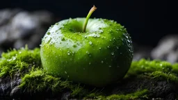 Close up of an apple fruit on a wet rock,a worm comes out of the apple fruit,moss,high details,dark place