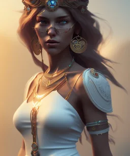 Gipsy, beautiful, curvy body, white fabric dress, beautiful long hair, bandana covering head, long earings, head and shoulders portrait, holding tarot card, 8k resolution concept art portrait by Greg Rutkowski, Unreal Engine 5 volumetric lighting