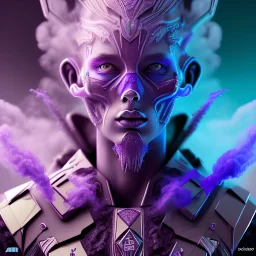 purple and teal warrior emerging from purple smoke, realistic, 4k, detailed, high def