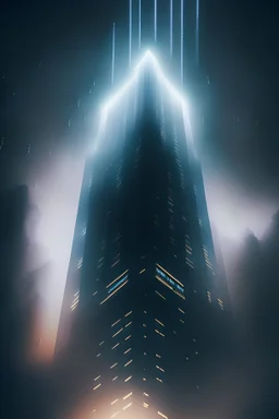 infinite high building seen from the ground up with light strips shinning out from the top in a cloudy night with little fog