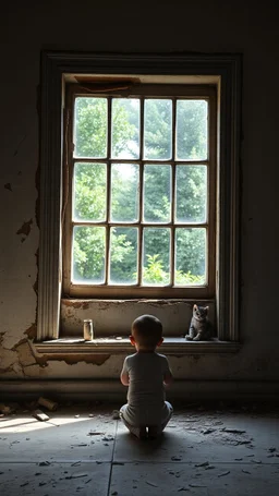 A baby in front of a big window in an abandoned damaged room , a cat out side the widow looking at him