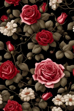 red roses and flowers in a long long vine bush in decorative European style,roses in the middle,Baroque floral,top view,black background,