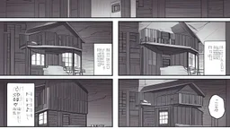 small Wooden European Cabin, In cyberpunk city-skyline, comic style