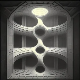 a 3d illusion in the style of escher & giger, stairs, windows