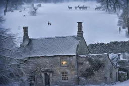 Vintage image of Snow falling heavily in the Cotswald area of England. A stone cottage with smoke coming out of the chimney. Surrounded by stone fences. In the background a startled group of deer look this way. A thick forest behind them.
