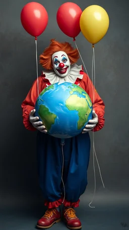 It the clown holding a balloon shaped like planet earth