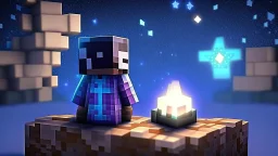 Minecraft Character, minecraft theme, purple starry sky, meditating, facing back, wearing gown, chinese theme, blocky