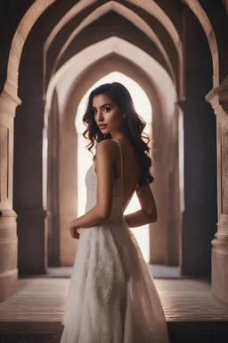 Generate a stunning and ethereal portrait of a 22-year-old petite ultra-realistic Arab female model wearing a lace dress in a micro portrait style. The portrait should be captured using Rembrandt lighting, with a single light source creating strong shadows. Use a Fujifilm - GFX100 II Mirrorless Camera in a studio to bring out the elegance photography, ultra details, natural light, light background, photo