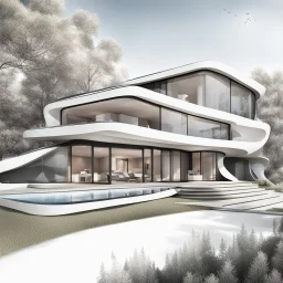 Illustrative sketch of a Zaha Hadid style country house, ultra quality, hyper detailed, 8k