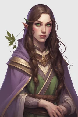 Evil smirk. Green eyes. Beautiful female elf. Lute peaking from the back of the woman.