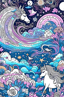 Illustrate a dreamy world with floating clouds, crescent moons, and stars, where whimsical creatures like unicorns and fairies roam. Create an intricate line art that captures the magic of this celestial dreamland. Encourage the use of soft, ethereal colors like pastel pinks, blues, and purples to evoke a serene and dreamy atmosphere. Let your imagination soar as you color this enchanting dreamscape, turning it into a mesmerizing visual experience. for coloring book