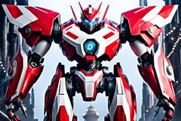 big robot with red and white color schemes, in the style of fairy academia, hard-edge style, agfa vista, dynamic pose, oshare kei, hurufiyya, rtx, close picture, intricate details, highly detailed, high details, detailed portrait, masterpiece,ultra detailed, ultra quality