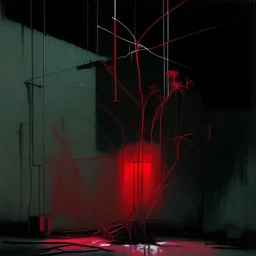 Minimal abstract oil painting of a neon plant in concrete warehouse brutalist architecture and hanging wires illuminated at night. With triadic red colours. In the style of Justin Mortimer and Phil Hale, Ashley Wood