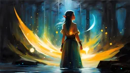 acrylic illustration, acrylic paint, oily sketch, A mysterious teen elf girl with glowing runes that float around her protectively. Particle lights floating around, by [Iryna Yermolova | Conor Harrington]