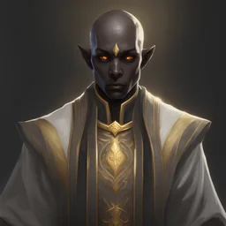 Dark elf male, very dark grey skin, glowing gold eyes, almost bald, white and gold priest robes