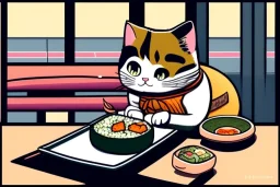 Cute cat is eating sushi. Manga style