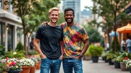 professional photo from happy couple men, one light brown and one black hair man in colorful city cloths t-shirt and jeans. city garden, summer, high realistic, detailed, canon photo, 64 megapixels, perfect composition