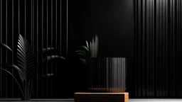 Minimal Mockup Wood Podium Display, Black Concrete Wall, Tropical Palm Leaf 3d Illustration Background