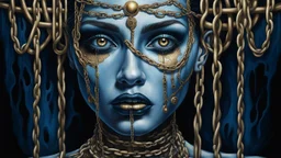 close up pale blue-white face with black shadow dark gold eyes, , void, hyper-realistic detail, floats in deep darkness, deep blue abyss, vertical shadows of five chains projected on her face, crepy stunning, surreal vibe with meticulous textures, dark shadow
