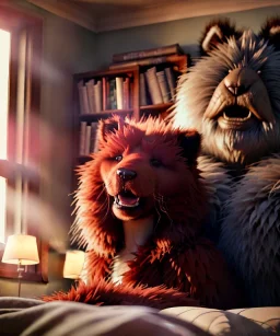 Realistic bedroom scene. big furry monster sitting next to human girl from behind. Wes Anderson style. Red hair, smile, happy, gradient color fog. highly detailed, concept art, unreal engine 5, ray tracing, RTX, lumen lighting, ultra detail, volumetric lighting, 3d, finely drawn, high definition, high resolution.