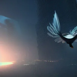 angel fish, cockatoo, alien flying through dystopia, dusk light, city background, unreal engine 5,elegant