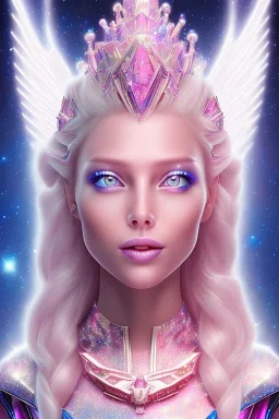 1 full body shot,masterpiece galactic pink metalic, cosmic princesse belle fine, profil de trois quart, grand front cosmique, peau blanc cristalline pailletée, yeux bleu, perle sur le front et rose etoilé, longs cheveux blonds, cristaux sur le corps, collier de grande princesse, levres souriantse, très jolie sourire, longs cheveux blonds, grandes ailes roses transparents, costume galactique bleu metallisé,