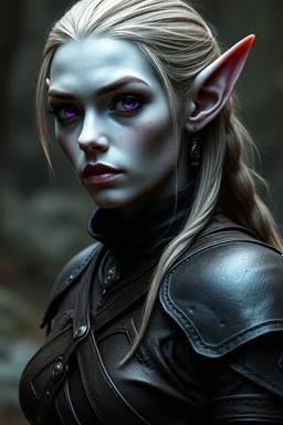 beautiful female elf with grey skin dnd purple eyes no wrinkles dark leather armour
