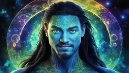 beautiful gorgeous young man na'vi with long hair, Avatar, blue skin, two small ears, green eyes, black hair, in cosmic suit, galactic ambiance, medium pointy goatee , smiling, nebulas and sacred geometry light figures on the backgroud,