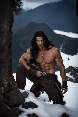 Handsome and muscular 30 year old shirtless mountain man long dark hair, dark fantasy, snow capped mountains