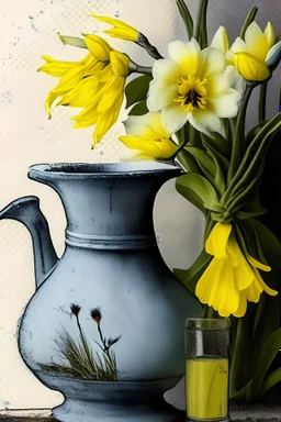 The daffodils are yellow in the vase, the sparrow drinks from the milk.