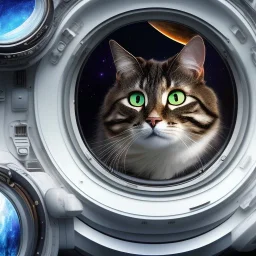 hyper-realistic spaceship interior with a cat looking through porthole at milkyway, suited astronaut float behind cat, 8k resolution, high-quality, fine-detail, detailed matte, intricate, 3D octane render, illustration, digital art, brian froud, howard lyon, anna dittman, greg rutowski,