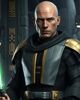 star wars bald male corellian jedi pilot wearing black and gunmetal grey old republic armored robes with gold trim inside the jedi temple holding a lightsaber with viridian green blade in left hand, centered head and shoulders portrait, hyperdetailed, dynamic lighting, hyperdetailed background, 8k resolution, volumetric lighting, light skin, fully symmetric details