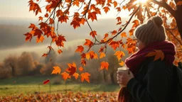 Autumn: falling leaves, Misty mornings, fog over distant fields or forests, sunshine; people wear scarves, woolly hats, gloves, steaming hot drinks; birds migrating, squirrels gathering nuts, rabbits, chestnuts, acorns, berries, rowan, holly, mistletoe, beautiful colours, atmospheric. Award winning photograph.