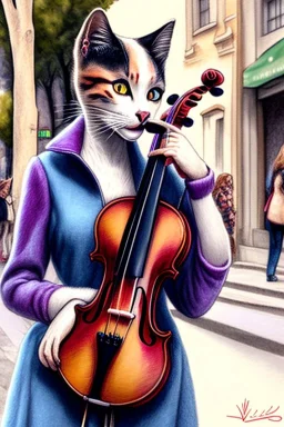 One single female cat playing violin on the street, Vienna, colours, smiling, model style, perfect iris, perfect violin, hyper realistic, extremely accurate, delicate, extremely detailed, Graphic novel style, wide-angle, open aperture, superfine pencil