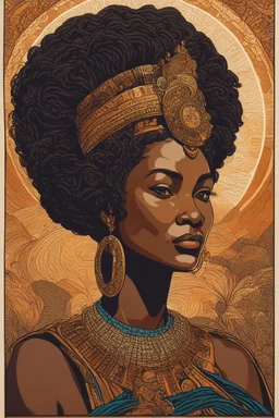museum quality color woodcut of an ancient African queen with highly detailed hair and facial features , in the style of Gustave Baumann, with a fine art aesthetic, highly detailed, finely cut ,8k render,no tattoos on the face