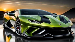 A sleek (((Dodge))), with its iconic split-hexagonal grille, seamlessly fused with the (((contours))) and design elements of a (((Lamborghini))), creating a luxurious, futuristic mashup