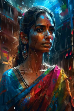 An indian beautiful supermodel in saree, rain, dawn, by Greg Rutkowski and Russ Mills, head and shoulders portrait, 8k resolution concept art portrait by Greg Rutkowski, Artgerm, WLOP, Alphonse Mucha dynamic lighting hyperdetailed intricately detailed Splash art trending on Artstation triadic colors Unreal Engine 5 volumetric lighting