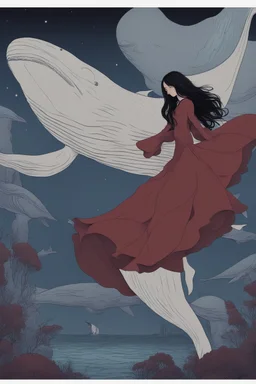 A girl wearing a dark red dress and long black hair walks on the back of a blue whale at night