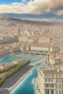 view of the town of Nice in France, from the see, as it could be in the futur year 2100, photo realistic