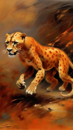A light rosy orange colored lightning elemental cheetah painted by Edgar Degas