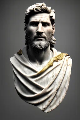 Ultra Realistic image, Roman sculpture, white marble material, Lionel Messi, gold Laurel wreath, chisel style, waist up portrait, epic, celestial, cinematic lighting, God light, god rays, 4k resolution, smooth details, ornate details, soft lighting, unreal engine 5, marble background.