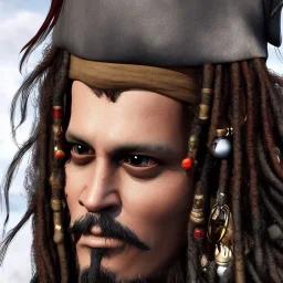 Captain Jack Sparrow, johnny depp ,award winning portrait long black hair. unreal engine 5, artistic lighting, highly detailed, photorealistic, fantasy , 24mm , futuristic