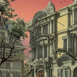 Beaux Arts architecture+palladio+detailed facades+interwarmodernism architecture+artdeco german +uphill road+trees+biopunk+Bueno Aires+turin+trieste+Book illustration by Gediminas Pranckevičius, Jean Baptiste Monge, Brian Kesinger, Anton fadeev, Kilian Eng, strong lines, high contrast vibrant colors, highly detailed, 16k resolution, trending on behance""