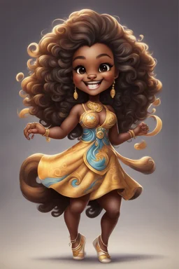A fearless curvy dark-skinned airbrushed chibi swishes her lion tail excitedly, wearing a dress decorated with the Leo astrology symbol. With mane-like hair wild with curls, she smiles wide, showing off fangs. She stands arms and legs spread, steadfast as a lioness, demonstrating Leo courage and leadership.