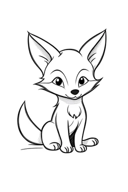 • Simple on line draw for kids of a cute tiny cartoon 'Fox' inolated on white, white background, without color, black and white