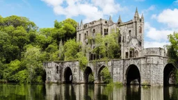 A ruined gothic stone building in a lake, balconies, verandas, arches, bridges, spires, stairs, trees, dense foliage, spanish moss, ivy, blue sky, white clouds