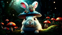 beautiful white Bunny with mushrooms growing on his back, textured detailed fur, portrait, mage hat, elf forest at night background extremely detailed, athmoshpheric, hyperrealistic maximálist concept art, light leak, bokeh light, 50mm