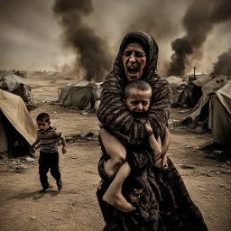 A Palestinian woman wearing the Palestinian dress carries her dead son as she screams and cries at night, with explosions in refugee tents behind her.